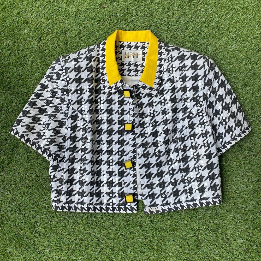 Houndstooth Cropped Jacket with Clear sequin overlay